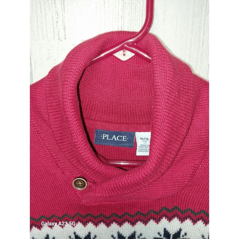 Children’s Place Boys Size 10/12 Holiday Christmas Fairisle Shawl Sweater-Red